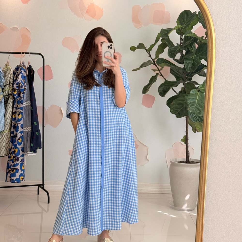 Entro Light Blue Checkered Maxi Dress